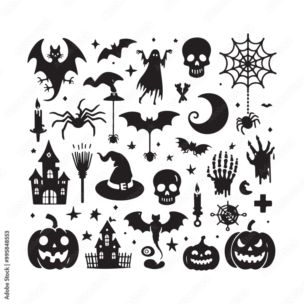 Obraz premium Halloween elements silhouette vector. Halloween elements silhouette set. Creepy and spooky fauna creatures group, monochrome icons, signs