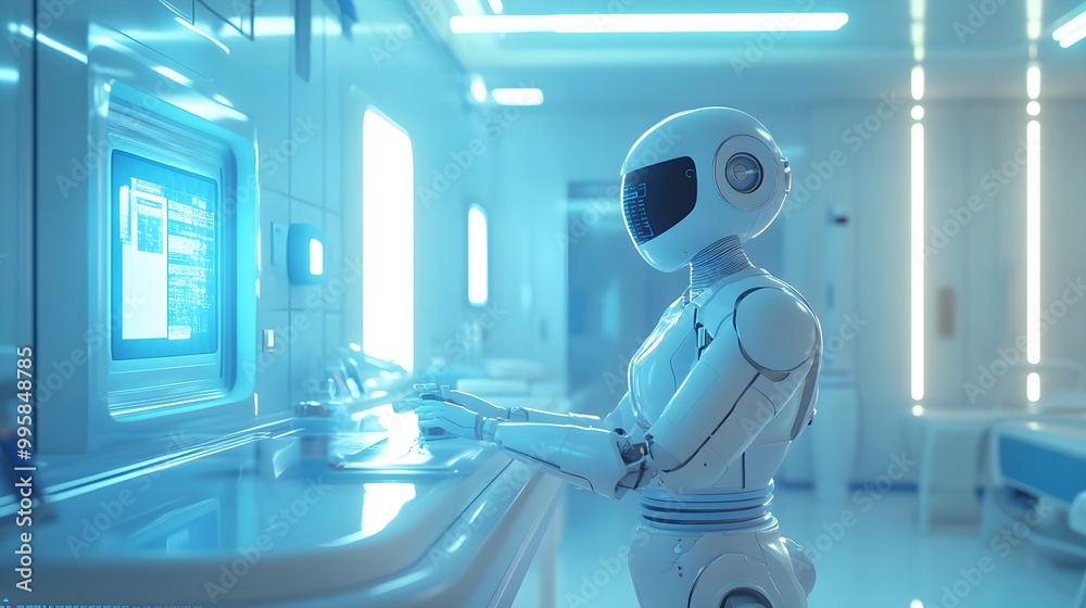 High-tech nurse robot administering a vaccine, holographic display, clean clinic setting, futuristic lighting, 3D model, blue and white tones High-tech nurse robot administering a vaccine, holographic display, clean clinic setting, futuristic lighting, 3D model, blue and white tones