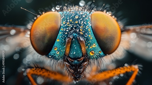 A close-up of a fly's face with water droplets on its compound eyes, showcasing the intricate details of its anatomy.