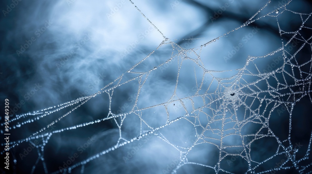 A spooky Halloween background with spider webs in various styles, dense in some areas and delicate in others, highlighted by water droplets, fog, and dramatic shadows. A spooky Halloween background with spider webs in various styles, dense in some areas and delicate in others, highlighted by water droplets, fog, and dramatic shadows.