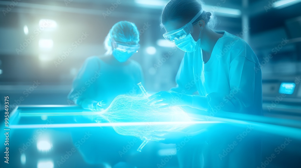 Futuristic nurse giving a vaccine to a pregnant woman, holographic tools in the background, neon blue hues, sci-fi setting, digital painting Futuristic nurse giving a vaccine to a pregnant woman, holographic tools in the background, neon blue hues, sci-fi setting, digital painting