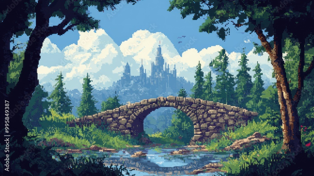 Fototapeta premium Pixelated Stone Bridge Leading to a Distant Castle in a Forest Landscape