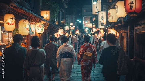 Women in kimonos walk elegantly down a busy street at night