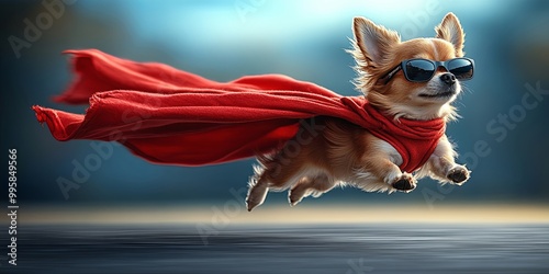 A Superpowered Dog Soars Through the Air, Cape Flowing Behind Him, Sunglasses Reflecting the Sky photo