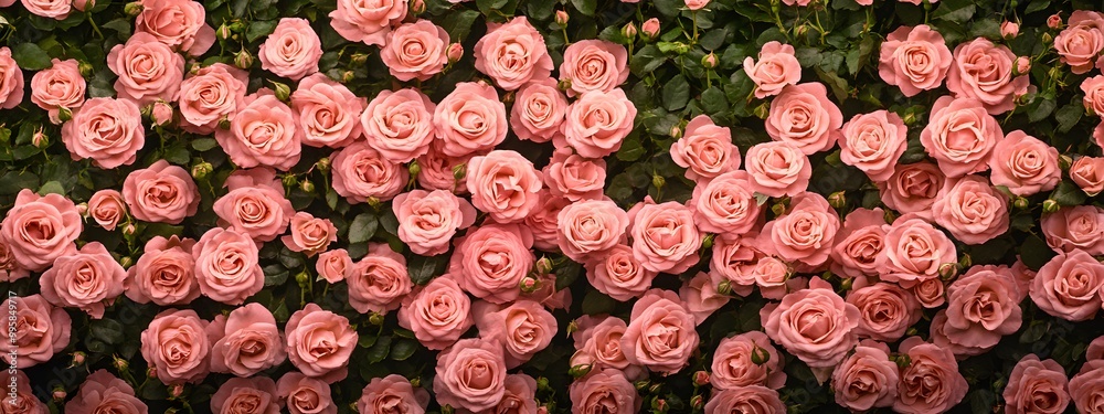 A wall of pink roses, numerous and beautiful, creating a romantic scene A wall of pink roses, numerous and beautiful, creating a romantic scene