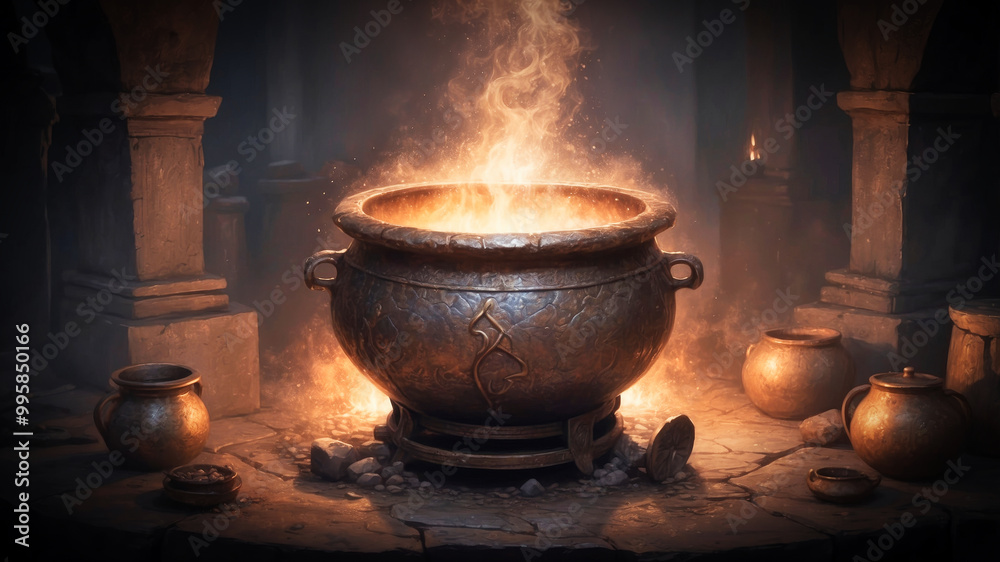A sorcerer's cauldron boiling a potion A sorcerer's cauldron boiling a potion