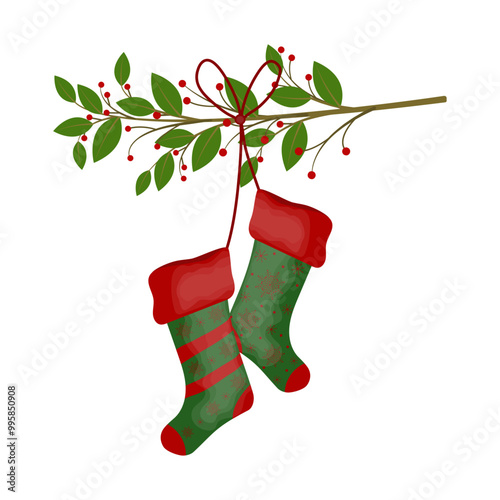 Mistletoe branch with green leaves and red berries. Christmas socks hanging on a branch. Holiday composition isolated on transparent and white background. Vector illustration. Close-up element.