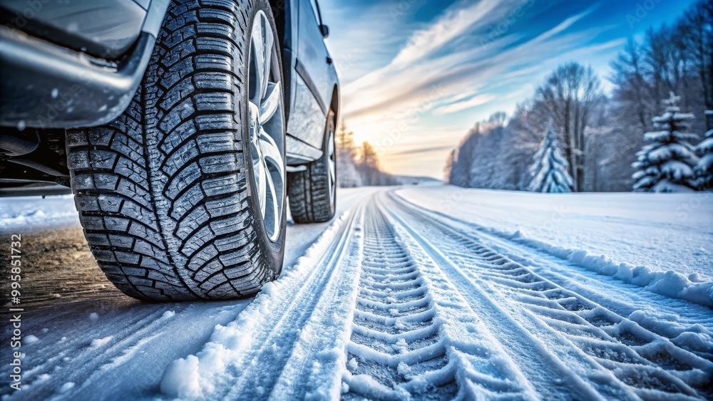 Close up of a car winter tire leaving tracks on a snowy road at sunset Close up of a car winter tire leaving tracks on a snowy road at sunset