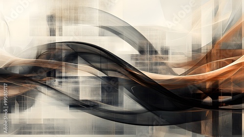 Flowing tech lines intertwined with abstract shapes on a muted background