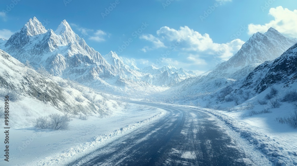 An icy road winding through a winter mountain pass, with tall snow-covered peaks and clear skies overhead. An icy road winding through a winter mountain pass, with tall snow-covered peaks and clear skies overhead.