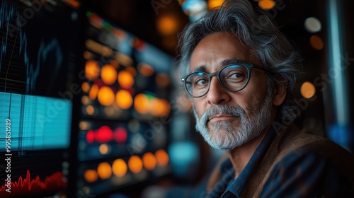 Middle-aged Indian man focuses intently on stock market trends across multiple computer screens late in the evening