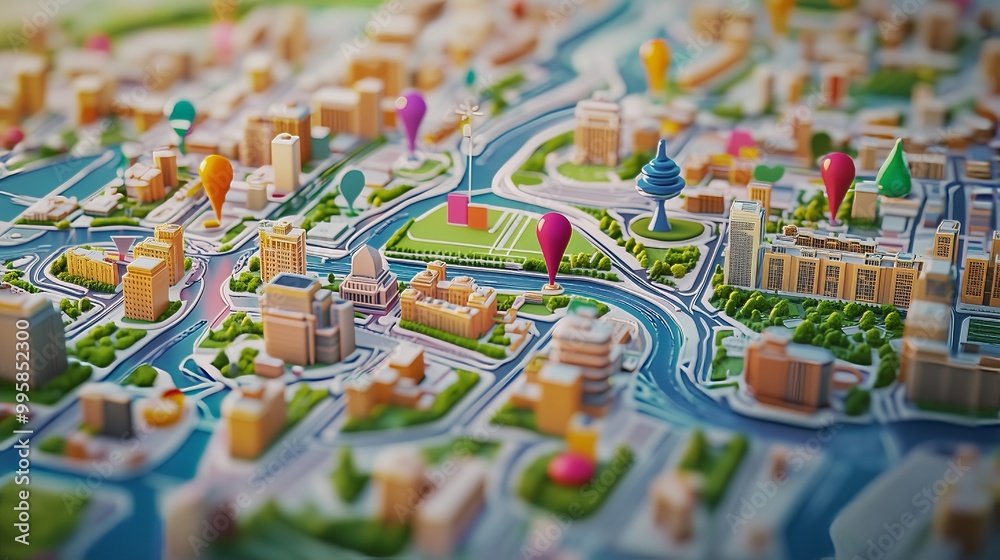 A colorful 3D city map features unique pins for restaurants, parks, and landmarks, inviting exploration.
