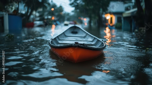 A kayak navigates a flooded street, surrounded by calm water and reflective lights, illustrating the impact of heavy rain on an urban area.