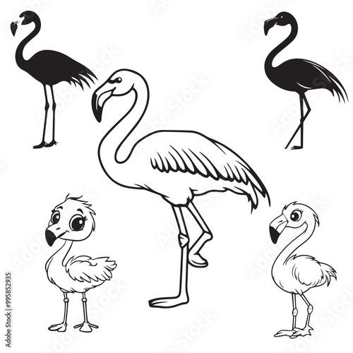 Simple line drawing of a flamingo, in the style of vector art