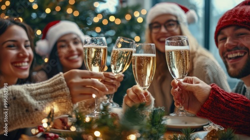 Christmas, toast and friends with alcohol in office for party celebration, social gathering and company lunch. Happy team, diversity and group of people with champagne for festival, cheers or holiday