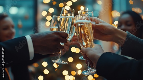 Christmas, toast and friends with alcohol in office for party celebration, social gathering and company lunch. Happy team, diversity and group of people with champagne for festival, cheers or holiday