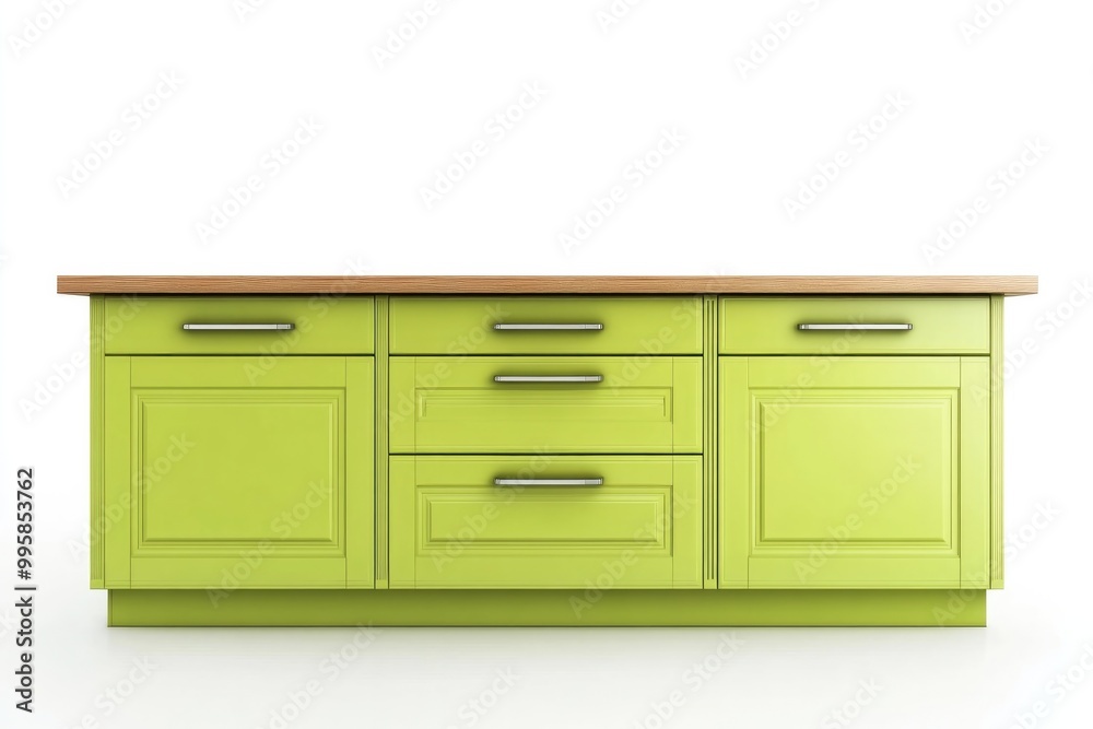 Bright lime green kitchen cabinet unit with stainless steel handles and a wooden countertop, isolated on a white background.. Bright lime green kitchen cabinet unit with stainless steel handles and a wooden countertop, isolated on a white background..