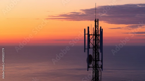 Silhouette of an abstract telecommunication tower Antenna and satellite dish at sunset sky background.