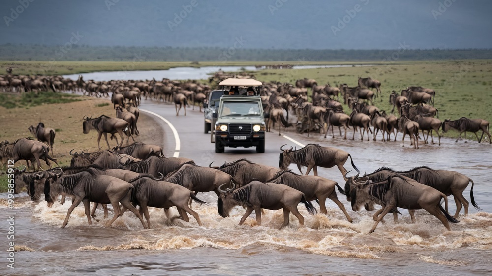 Safari on the road with wildebeest, Africa Safari on the road with wildebeest, Africa
