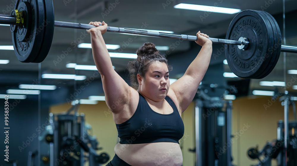 Overweight woman in gym, lifting weights, working out to get fit Overweight woman in gym, lifting weights, working out to get fit
