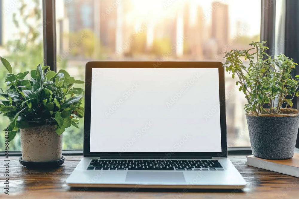 Laptop with a blank screen, placed near large windows with sunlight streaming in. The workspace includes a potted plant and a book, creating a peaceful and productive atmosphere.. Laptop with a blank screen, placed near large windows with sunlight streaming in. The workspace includes a potted plant and a book, creating a peaceful and productive atmosphere..