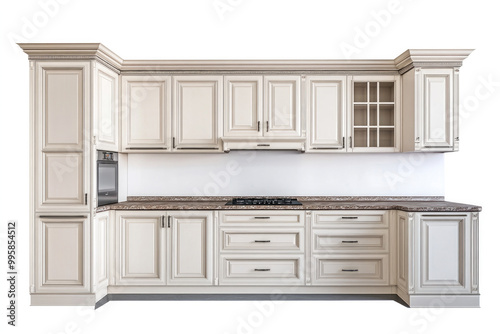 Classic beige kitchen cabinets with intricate detailing and a dark granite countertop, showcasing a timeless traditional design for luxurious home interiors.