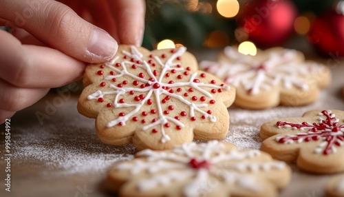 Holiday Baking, Close-up of Decorating Sugar Cookies with Red Sprinkles, Festive Background photo