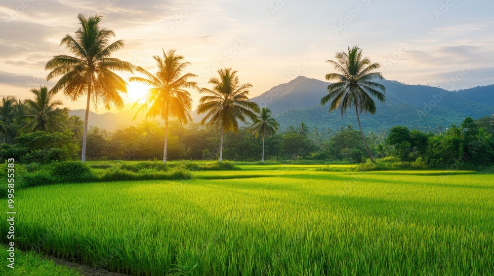 Serene Countryside: Lush Paddy Fields with Coconut Trees and Mountain Views Serene Countryside: Lush Paddy Fields with Coconut Trees and Mountain Views