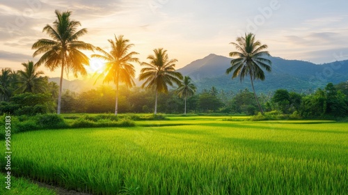 Serene Countryside: Lush Paddy Fields with Coconut Trees and Mountain Views