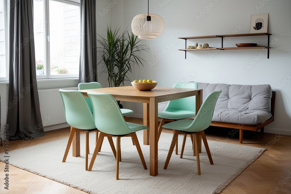 Fototapeta premium Scandinavian Living Room with Light Mint Chairs Square Elm Dining Table Futon and Modern Shelving Unit