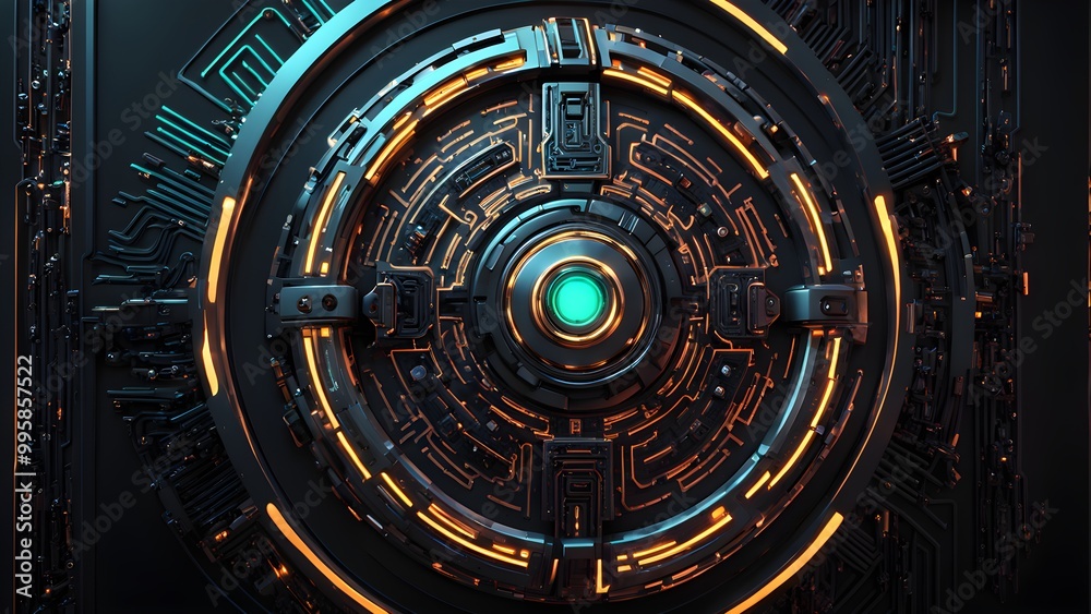 Futuristic circular panel with glowing light, intricate circuitry, and a metallic finish. Futuristic circular panel with glowing light, intricate circuitry, and a metallic finish.