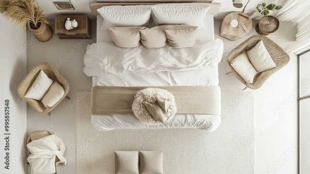 Overhead view of a serene master bedroom layout with plush bedding, decorative accents, and a seating area, all set on a white backdrop. Overhead view of a serene master bedroom layout with plush bedding, decorative accents, and a seating area, all set on a white backdrop.