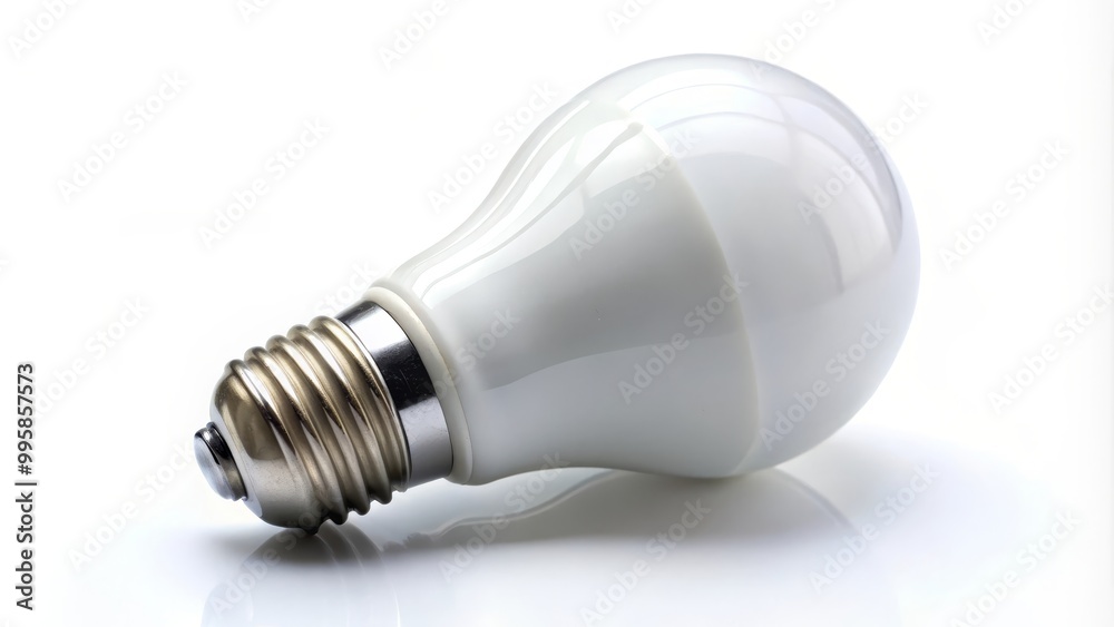 Modern led light bulb is lying on a white surface and reflecting in it Modern led light bulb is lying on a white surface and reflecting in it