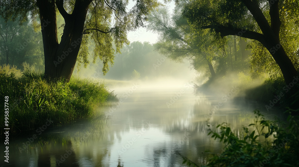 Misty Morning on River with Calm Water Surface Misty Morning on River with Calm Water Surface