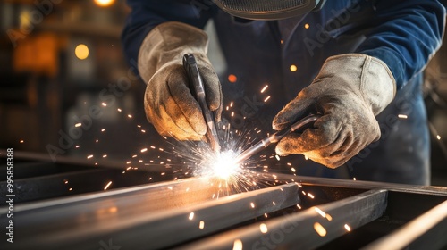 The worker dons protective gear while welding metal pieces together, creating a shower of sparks inside a factory focused on heavy machinery production