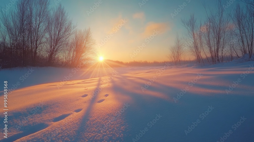 A beautiful winter sunset illuminating a snow-covered field, casting long shadows. A beautiful winter sunset illuminating a snow-covered field, casting long shadows.