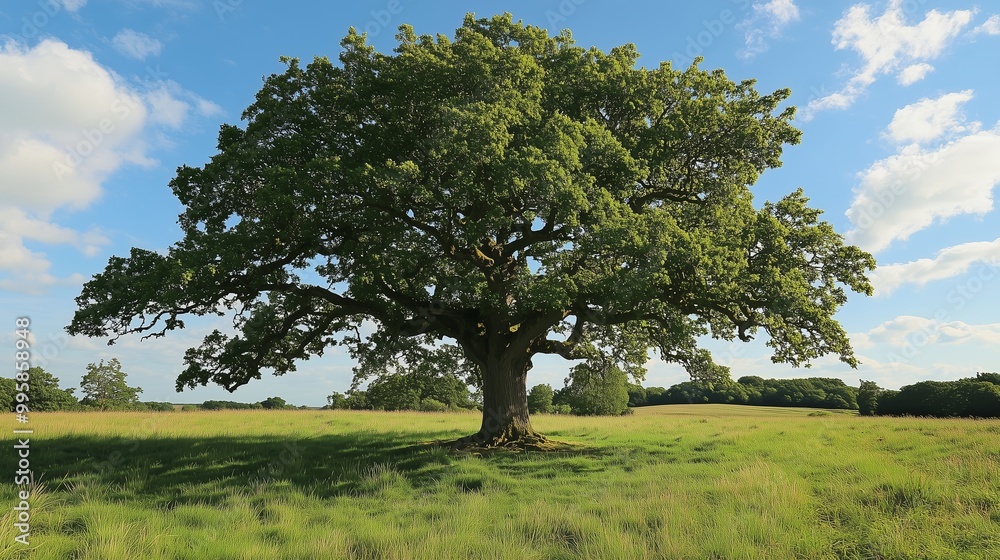 A majestic oak tree stands alone in a lush green field under a bright blue sky during a sunny day in the countryside A majestic oak tree stands alone in a lush green field under a bright blue sky during a sunny day in the countryside
