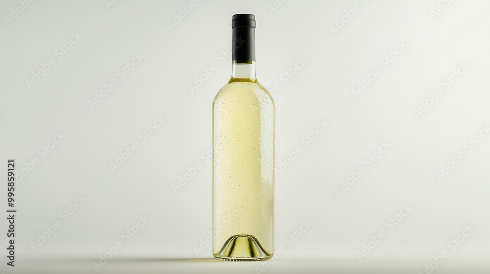 A bottle of white wine, condensation on the glass, standing on a white background, evoking a fresh and chilled experience. A bottle of white wine, condensation on the glass, standing on a white background, evoking a fresh and chilled experience.
