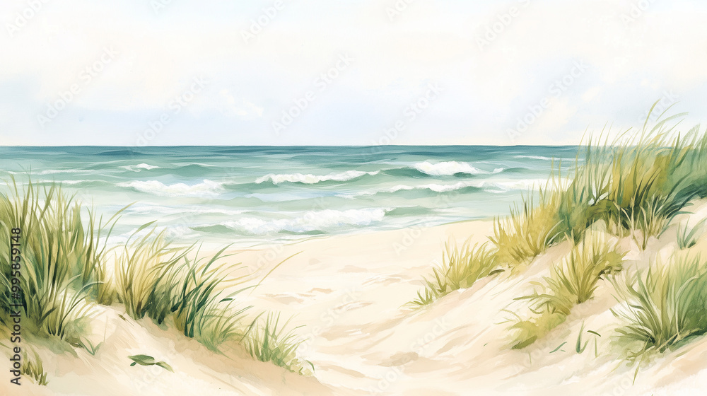 Serene Beach Scene with Pastel Sand Dunes and Grass Serene Beach Scene with Pastel Sand Dunes and Grass