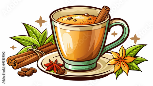 Freshly brewed coffee with a sprinkle of cinnamon brainstimulating beverage rich in antioxidants , Indian Masala chai tea. Traditional Indian hot drink with milk and spices on white background closeup