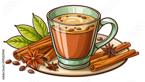 Freshly brewed coffee with a sprinkle of cinnamon brainstimulating beverage rich in antioxidants , Indian Masala chai tea. Traditional Indian hot drink with milk and spices on white background closeup