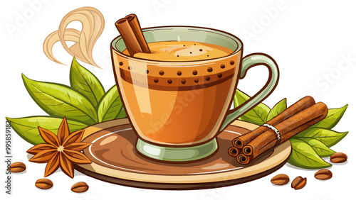 Freshly brewed coffee with a sprinkle of cinnamon brainstimulating beverage rich in antioxidants , Indian Masala chai tea. Traditional Indian hot drink with milk and spices on white background closeup