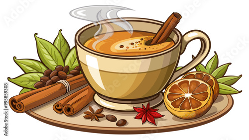 Freshly brewed coffee with a sprinkle of cinnamon brainstimulating beverage rich in antioxidants , Indian Masala chai tea. Traditional Indian hot drink with milk and spices on white background closeup