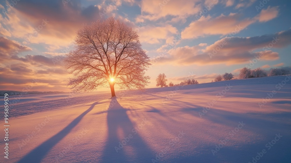 A beautiful winter sunset illuminating a snow-covered field, casting long shadows. A beautiful winter sunset illuminating a snow-covered field, casting long shadows.