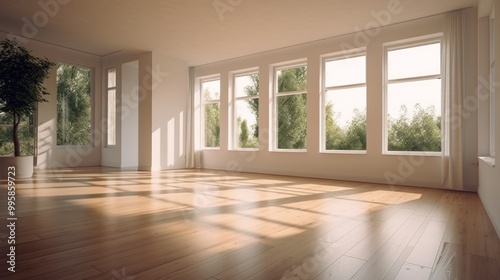 Spacious Room with Sunlight Streaming Through Large Windows