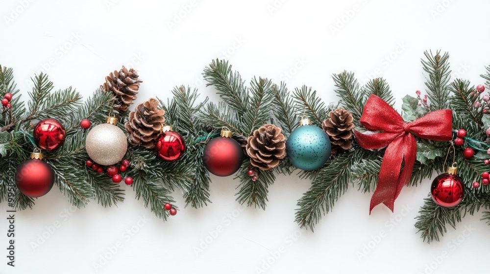 A festive holiday garland made of pine branches, ornaments, and ribbons, elegantly draped on a white background for Christmas decor. A festive holiday garland made of pine branches, ornaments, and ribbons, elegantly draped on a white background for Christmas decor.