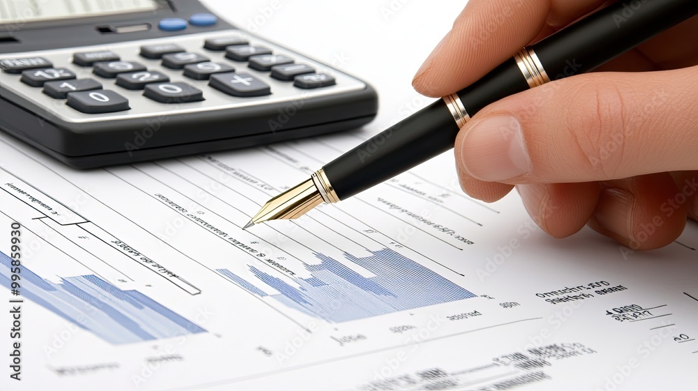 A hand grips a pen while reviewing financial documents and using a calculator, illustrating the critical nature of precise record-keeping in effective financial planning A hand grips a pen while reviewing financial documents and using a calculator, illustrating the critical nature of precise record-keeping in effective financial planning