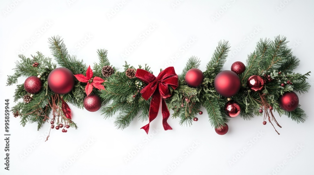 A festive holiday garland made of pine branches, ornaments, and ribbons, elegantly draped on a white background for Christmas decor. A festive holiday garland made of pine branches, ornaments, and ribbons, elegantly draped on a white background for Christmas decor.