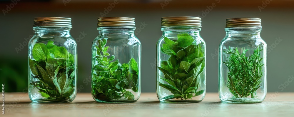Four glass jars containing various fresh green herbs are lined up on a wooden surface, showcasing vibrant colors and textures. Four glass jars containing various fresh green herbs are lined up on a wooden surface, showcasing vibrant colors and textures.