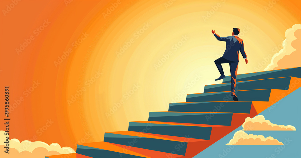 Man Climbing Stairs Towards Bright Future Success Man Climbing Stairs Towards Bright Future Success